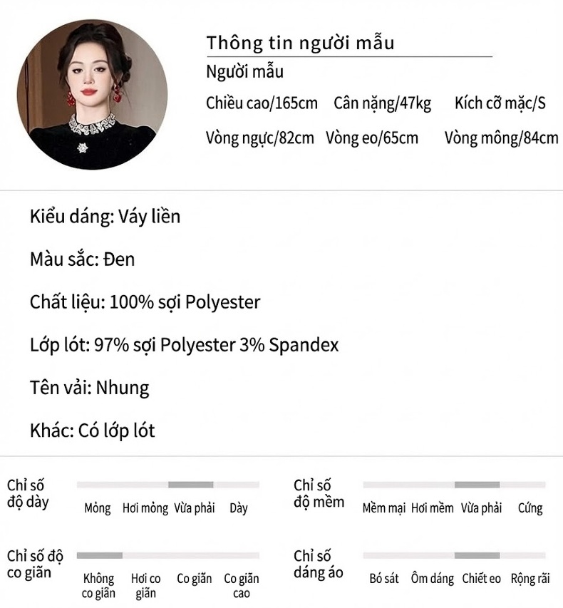 Đầm Dự Tiệc Nữ Cổ Tròn Tay Dài Đính Đá, Thắt Eo Kiểu Dáng Sang Trọng Màu Đen chi tiết 2