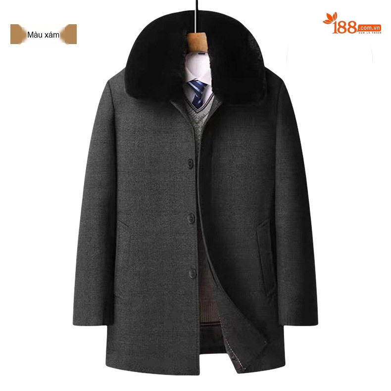 Áo Khoác Nam Kẻ Caro Cổ Lông Tháo Rời Dày Dặn Màu Xám, Nâu chi tiết 11