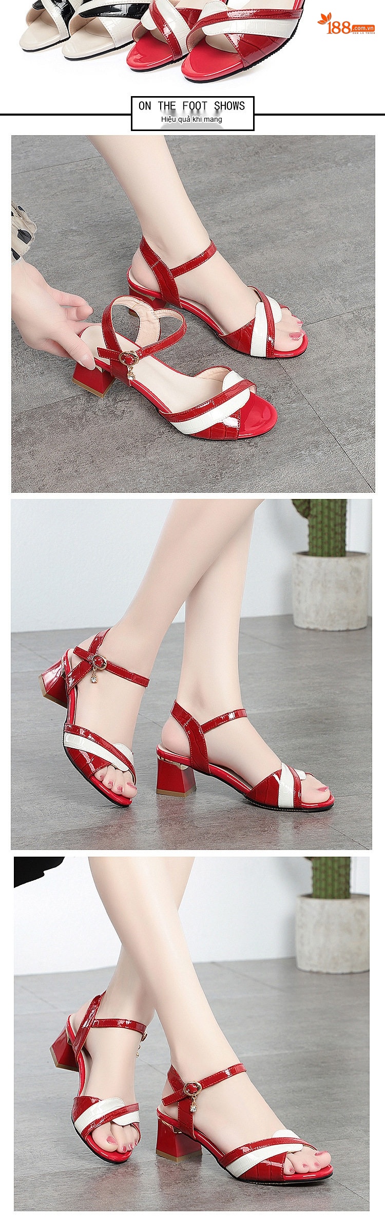Giày Sandal Cao Gót Nữ Quai Ngang Phối Màu Da Bóng Gót Cao 7cm - 8cm Màu Đỏ, Trắng, Đen chi tiết 3