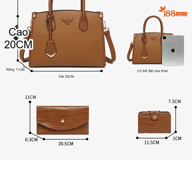 Bộ Túi Xách Tay Nữ Da Bóng Sức Chứa Lớn Set 3 Món Màu Nâu, Tím, Xanh, Xám... chi tiết 5