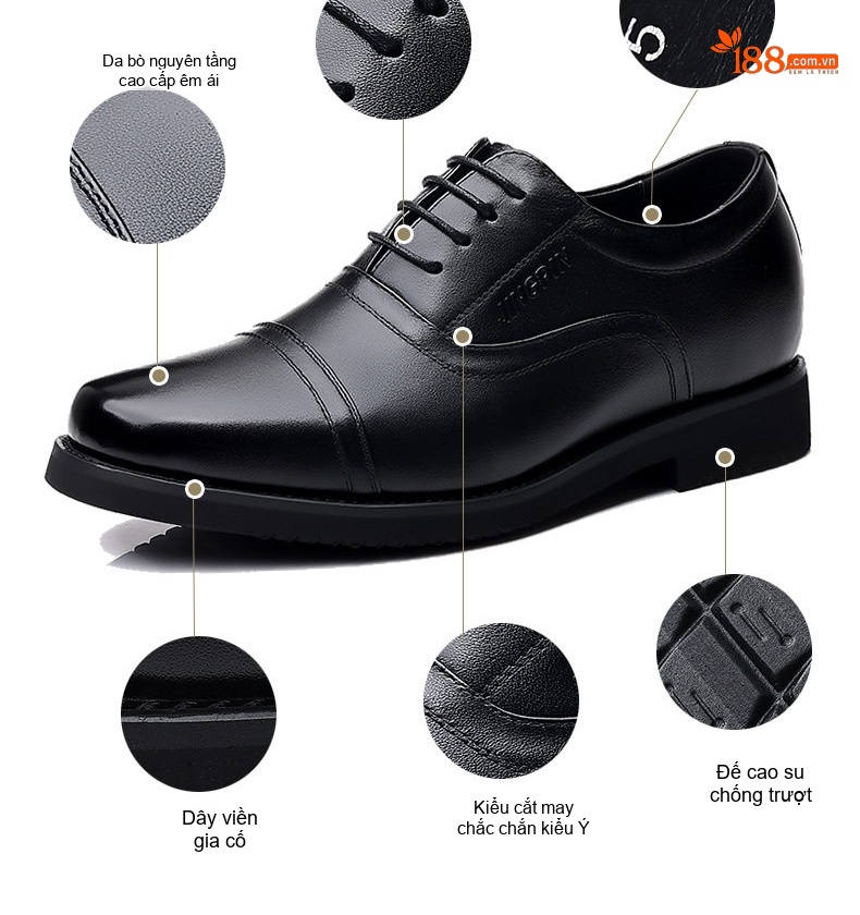 Giày Tây Buộc Dây Nam Da Thật Tăng Chiều Cao 6cm Phong Cách Công Sở Màu Đen chi tiết 6