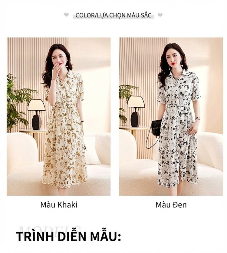 Váy Sơ Mi Nữ dáng chữ A Midi Tay Ngắn Họa Tiết Hoa Nhí Thắt Eo Thanh Lịch Màu Trắng, Vàng chi tiết 11