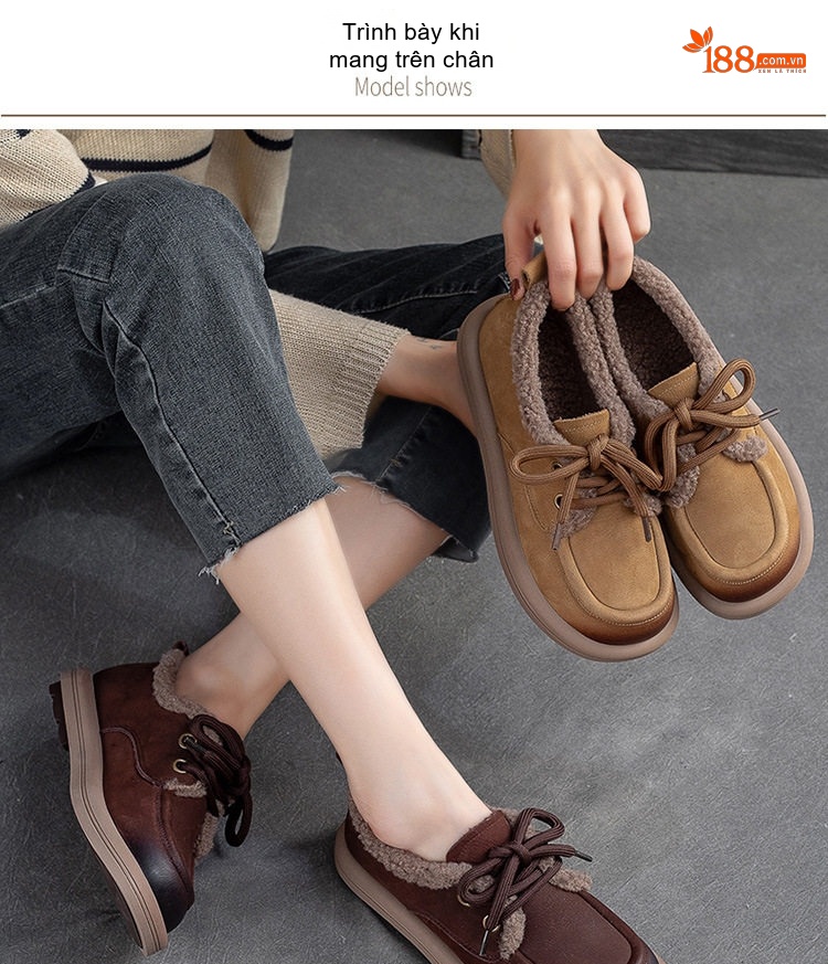 Giày Cotton Nữ Buộc Dây Lót Lông Chiều Cao Đế Khoảng 3cm Màu Nâu, Vàng chi tiết 7