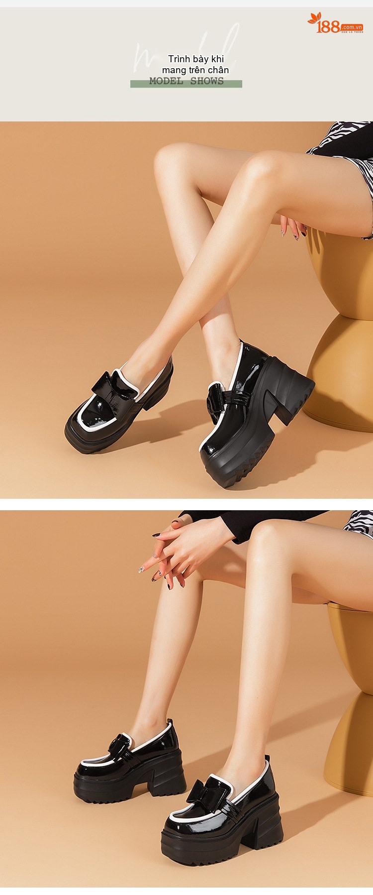 Giày Mary Jane Nữ Da Bóng Đế Cao Khoảng 10cm Phong Cách Anh Quốc Màu Đen, Trắng chi tiết 3