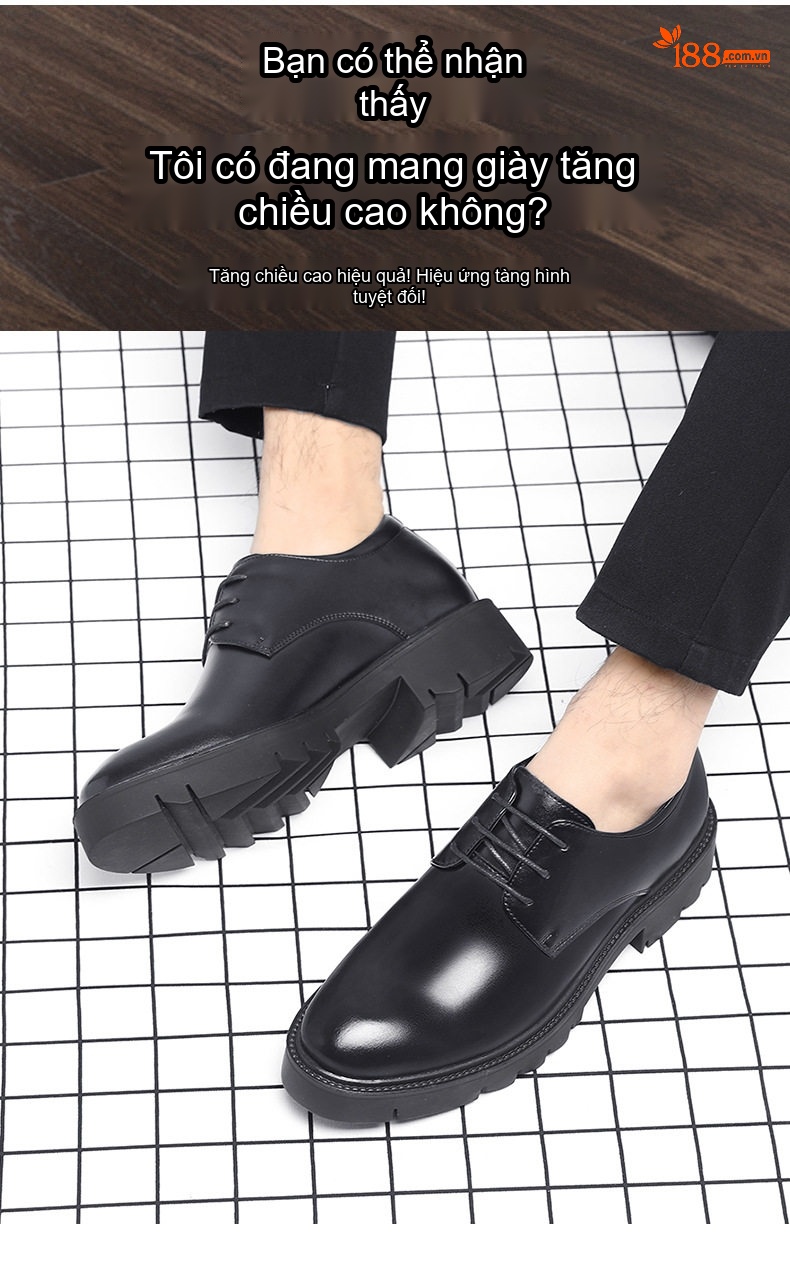 Giày Tây Buộc Dây Nam Da Bò Chiều Cao Đế 8cm Phong Cách Anh Quốc Màu Đen chi tiết 3