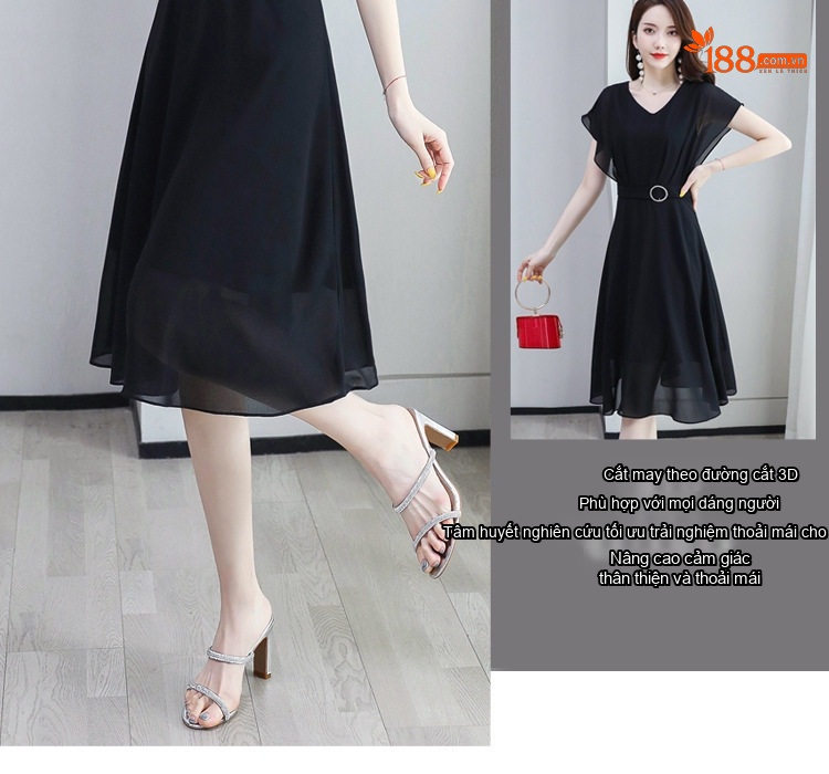 Váy Liền Thân Nữ Cổ chữ V Tay Ngắn Thanh Lịch Màu Đen, Tím, Hồng chi tiết 7
