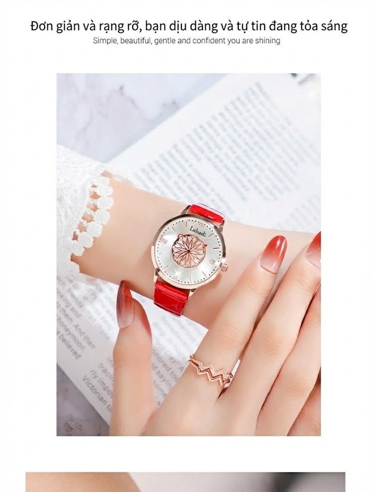 Đồng Hồ Nữ Labaoli Mặt Hoa Hồng Vàng Dây Da Bóng Màu Đen, Nâu, Đỏ, Xanh chi tiết 17