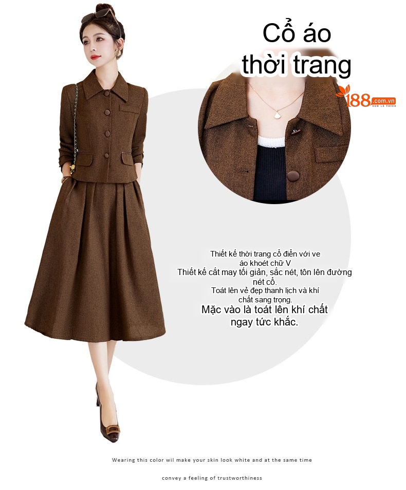 Bộ Vest Nữ Áo Khoác Lửng Tay Dài Chân Váy Midi Phong Cách Hàn Quốc Màu Nâu, Đỏ chi tiết 8