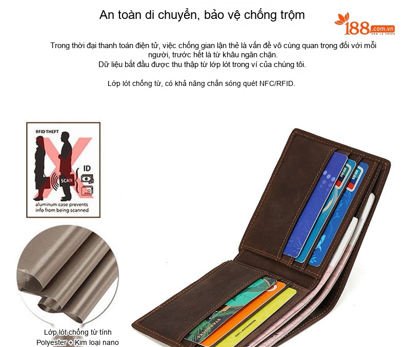 Ví Ngắn Nam Da Bò RFID Chống Trộm Cổ Điển Màu Nâu, Đen chi tiết 5