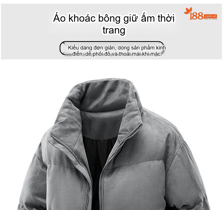 Áo Khoác Cotton Nam Nữ Cổ Trụ Dáng Rộng Màu Đen, Nâu, Xám chi tiết 2