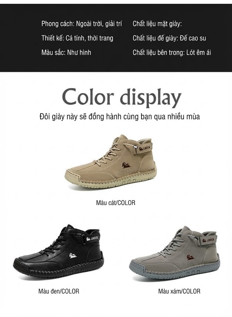 Giày Martin Cổ Cao Nam Khâu Tay Thủ Công Phong Cách Casual Chiều Cao Đế Khoảng 3cm Màu Be, Đen, Xám chi tiết 6