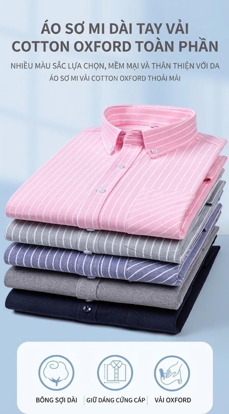 Áo Sơ Mi Nam Tay Dài Oxford Cotton Thoáng Khí Họa Tiết Kẻ Sọc Lớn Màu Xanh Dương, Đen, Trắng, Xám... chi tiết 8