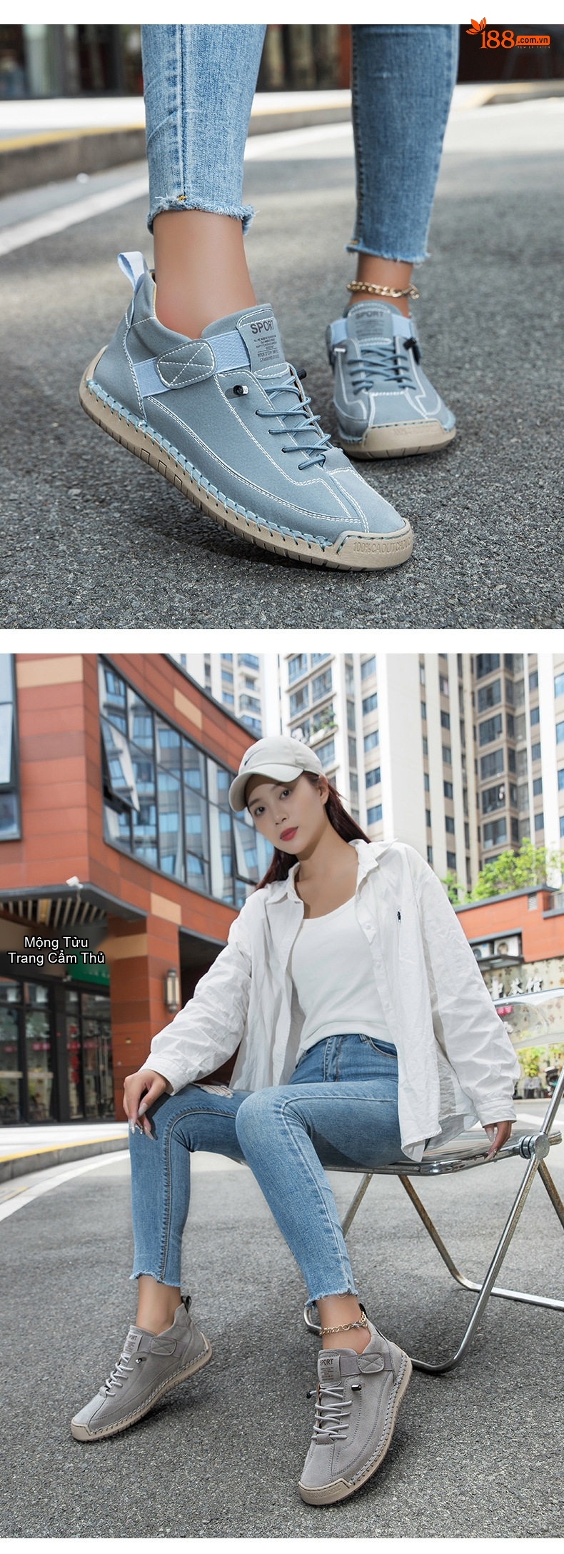 Giày Mọi Nữ Thủ Công Mềm Mại Đế Bằng Chiều Cao Đế Khoảng 2cm Màu Kem, Xám, Xanh Navy chi tiết 19
