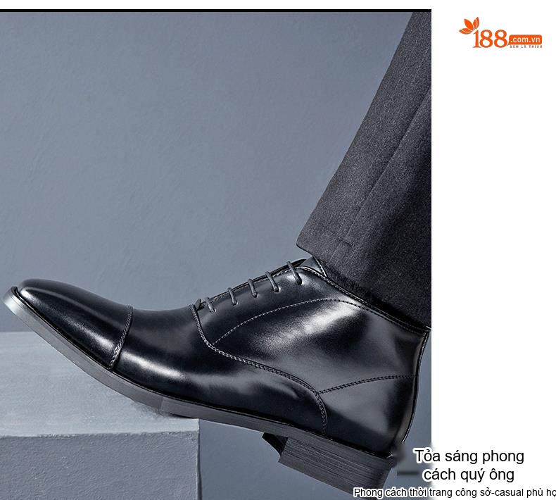 Giày Boot Martin Nam Cổ Thấp Da Bóng Chiều Cao Đế Khoảng 3cm Màu Đen chi tiết 11