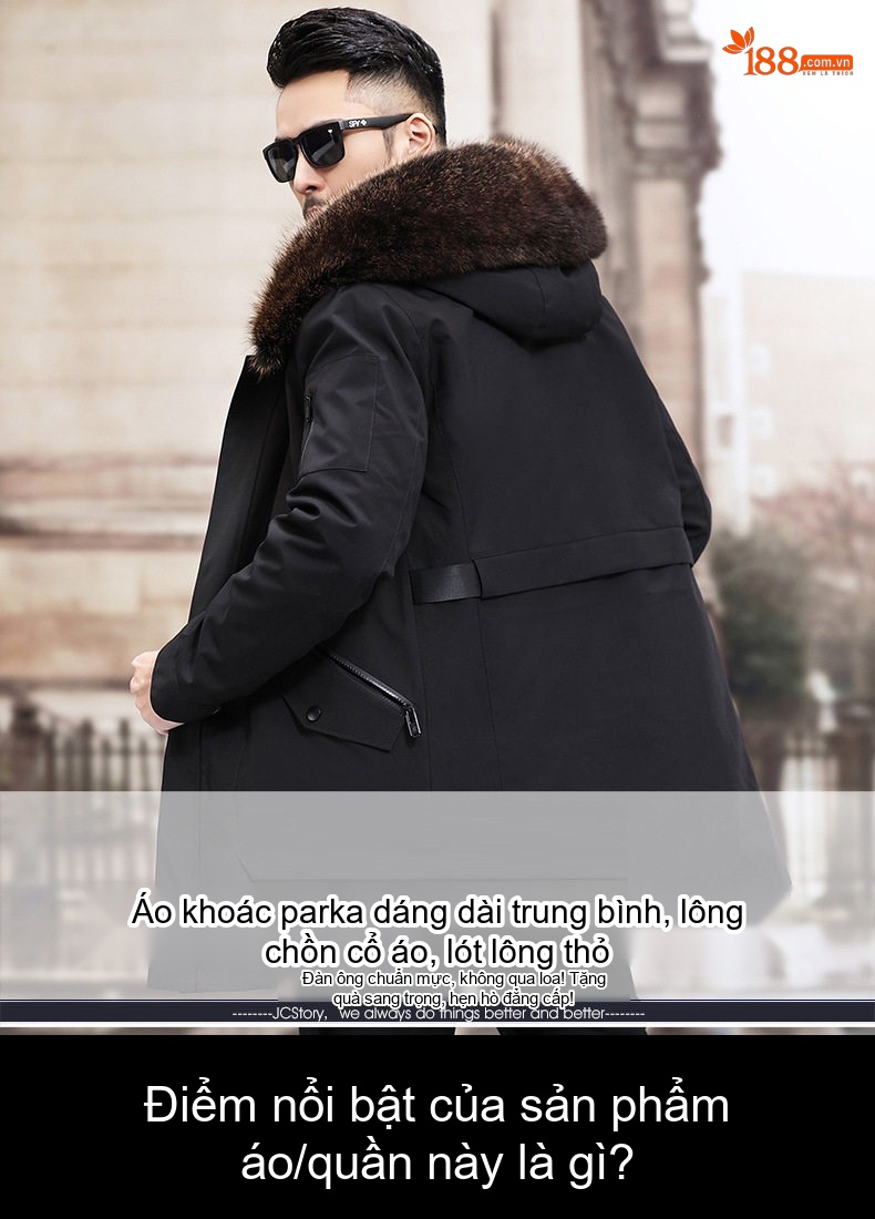 Áo Parka Nam Dáng Dài Lót Lông Thỏ Cổ Lông Cáo Màu Đen chi tiết 1