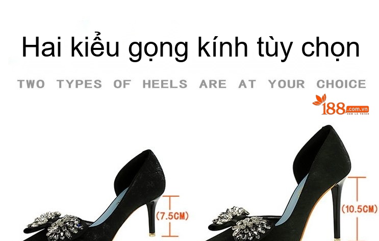 Giày Cao Gót Nữ Da Mờ Hở Bên Hông Gót Nhọn Chiều Cao Đế Khoảng 8cm Màu Đen Đính Đá Hình Nơ chi tiết 1