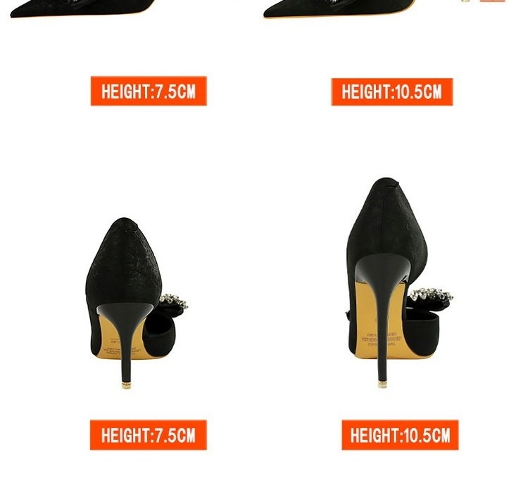Giày Cao Gót Nữ Da Mờ Hở Bên Hông Gót Nhọn Chiều Cao Đế Khoảng 8cm Màu Đen Đính Đá Hình Nơ chi tiết 2