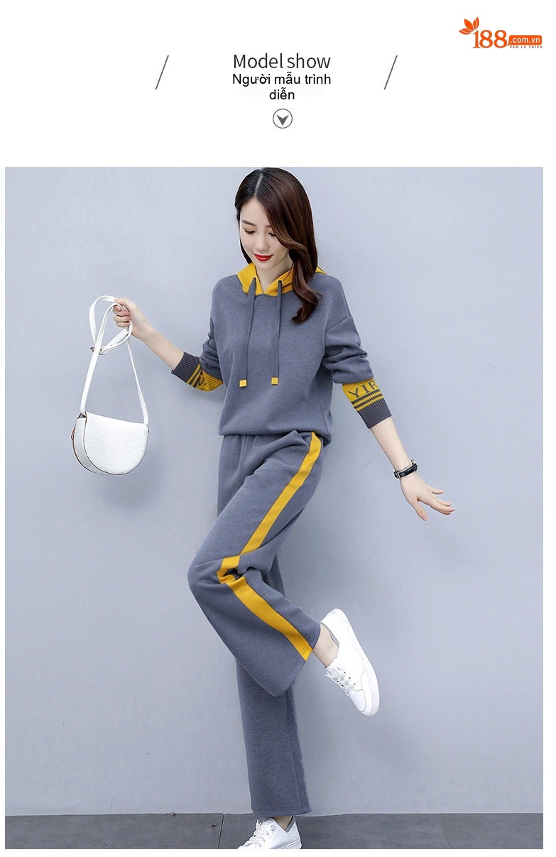 Bộ đồ thể thao nữ dệt kim áo hoodie quần ống rộng phong cách thời trang chi tiết 11