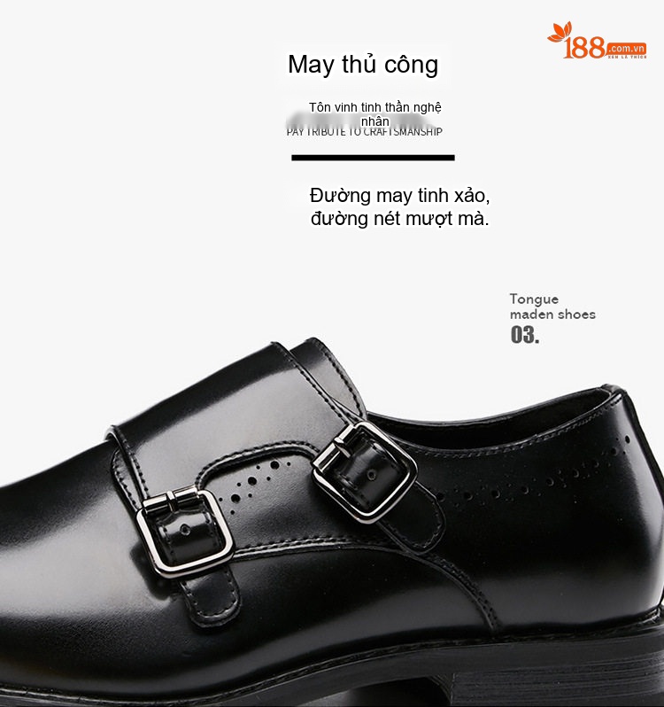 Giày Tây Monk Strap Nam Da Bóng Brogue Chiều Cao Đế Khoảng 3cm Màu Đen chi tiết 6