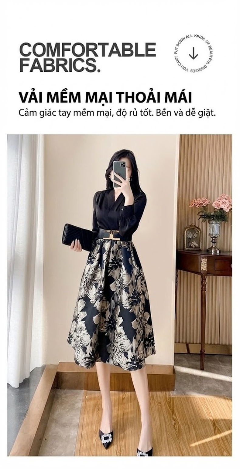 Váy Liền Thân Nữ Thiết Kế Dáng Xòe Eo Cao Họa Tiết Hoa Phong Cách Vintage Màu Đen chi tiết 4