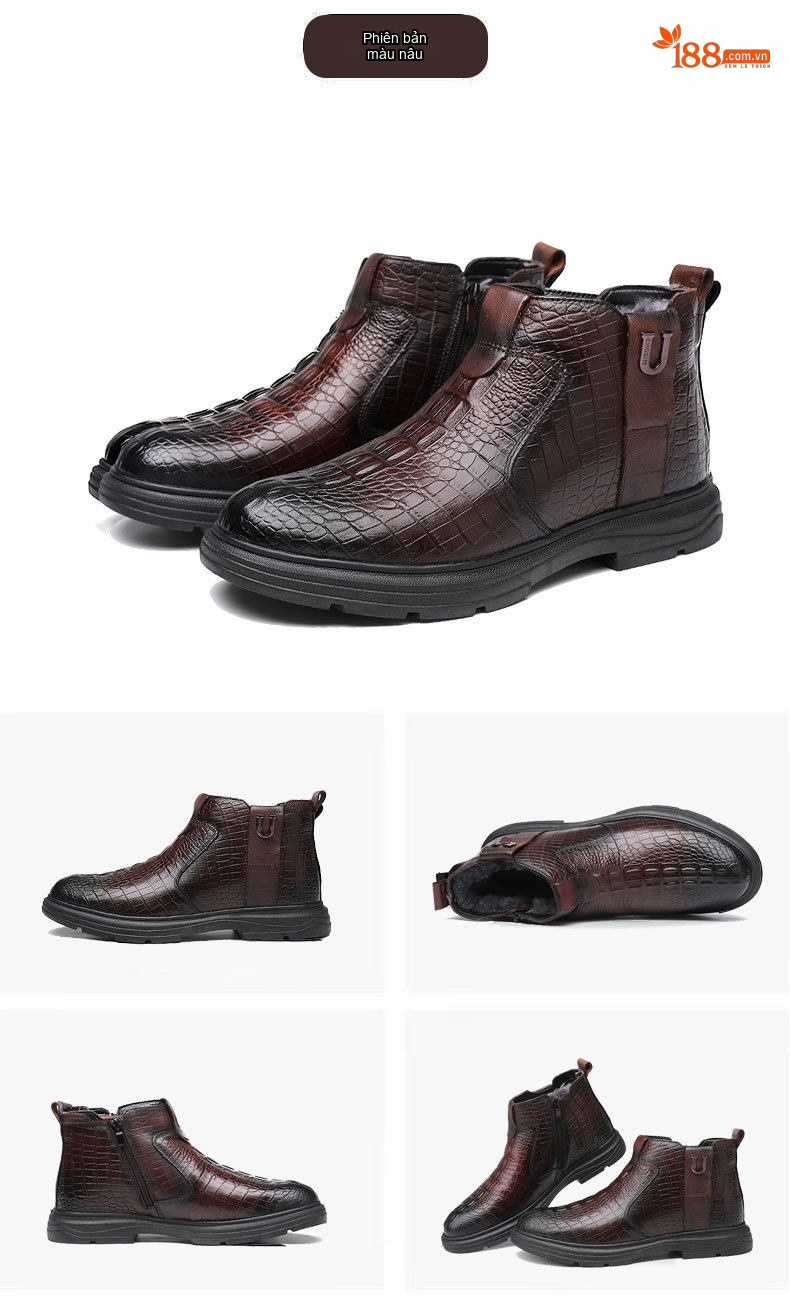 Boot Nam Da Thật Cao Cổ Lót Lông Cừu Giữ Ấm Chiều Cao Đế Khoảng 4cm Màu Đen, Nâu chi tiết 20