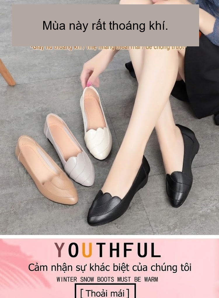 Giày Búp Bê Nữ Da Thật Đế Xuồng Chiều Cao Đế Khoảng 3cm Mũi Tròn Màu Đen, Nâu, Trắng chi tiết 1