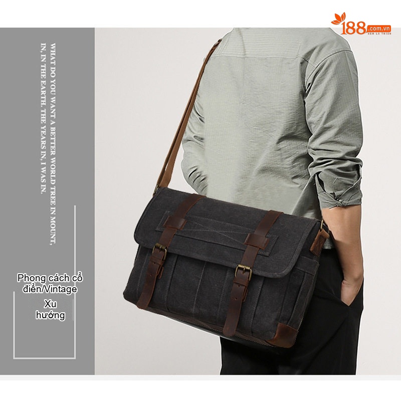 Túi Đeo Chéo Nam Vải Canvas Phối Da Bò Phong Cách Retro Đựng Máy Ảnh