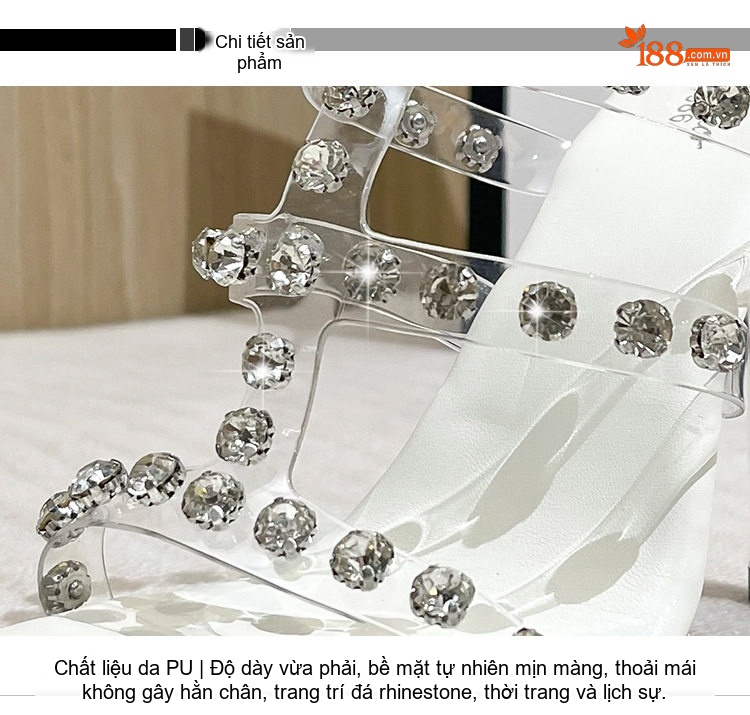 Dép Cao Gót Nữ Quai Trong Suốt Đính Đá Chiều Cao Đế Khoảng 11cm Da Bóng Màu Trắng, Bạc chi tiết 3