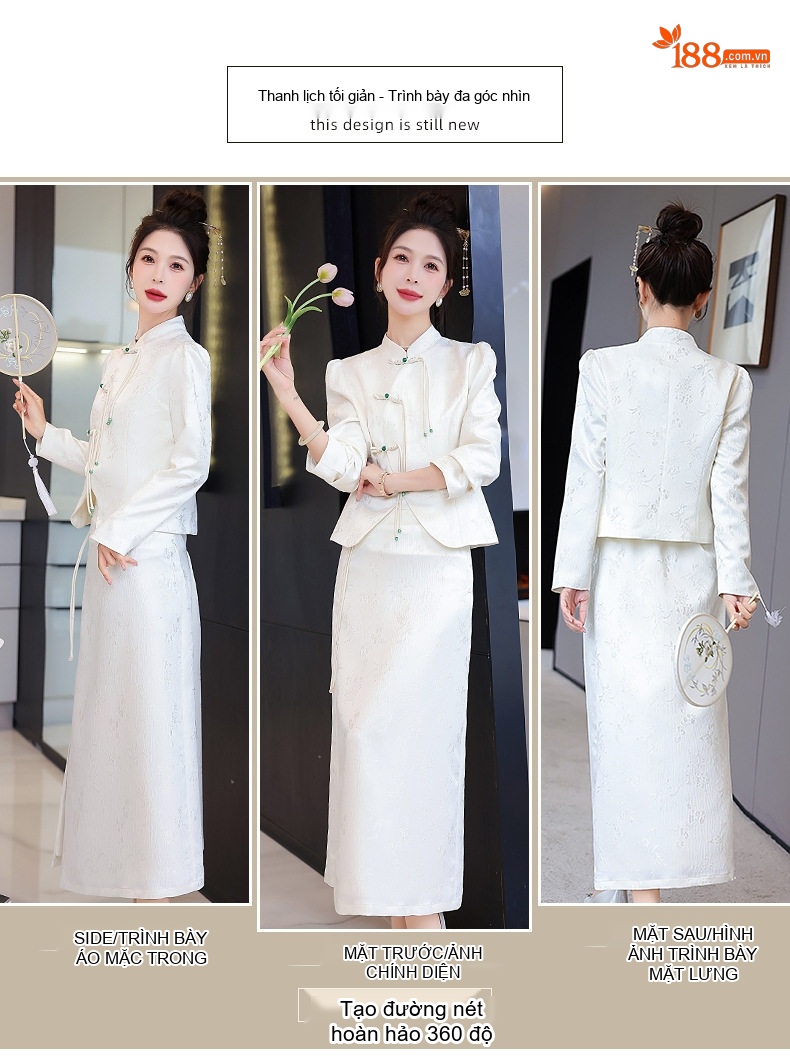 Set Áo Khoác Hán Phục Tay Dài Cổ Tàu Khuy Nút Tinh Tế Và Chân Váy Dài Thanh Lịch Màu Đen, Hồng, Trắng chi tiết 4