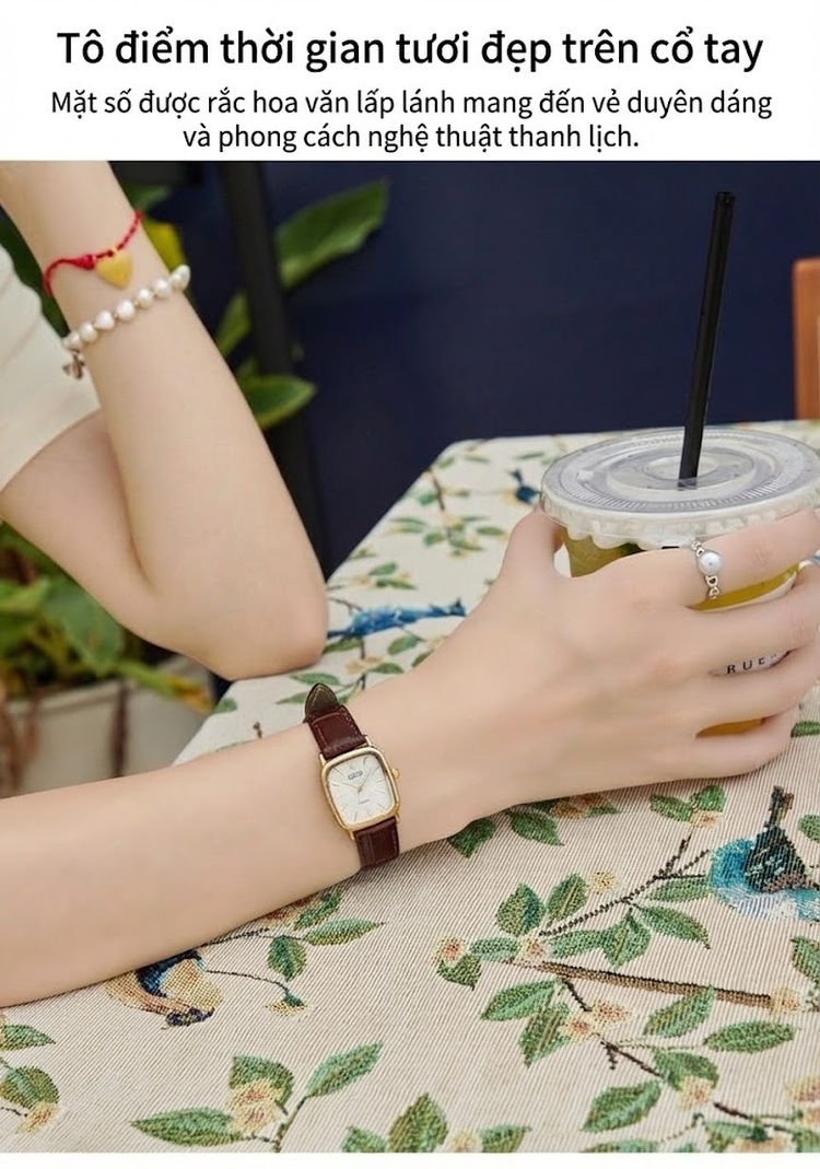 Đồng Hồ Nữ Mặt Vuông Nhỏ Dây Da Thật Cao Cấp Màu Vàng, Đen, Nâu Đỏ, Bạc chi tiết 10