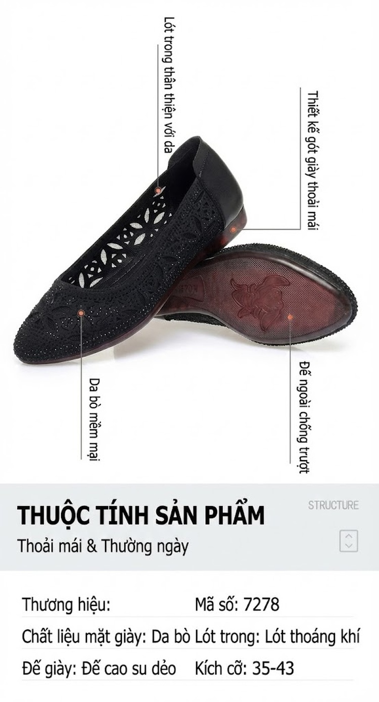 Giày Búp Bê Lưới Lỗ Da Mềm Mỏng Thoáng Khí Mùa Hè Chiều Cao Đế Khoảng 1cm Màu Kem, Đen chi tiết 4
