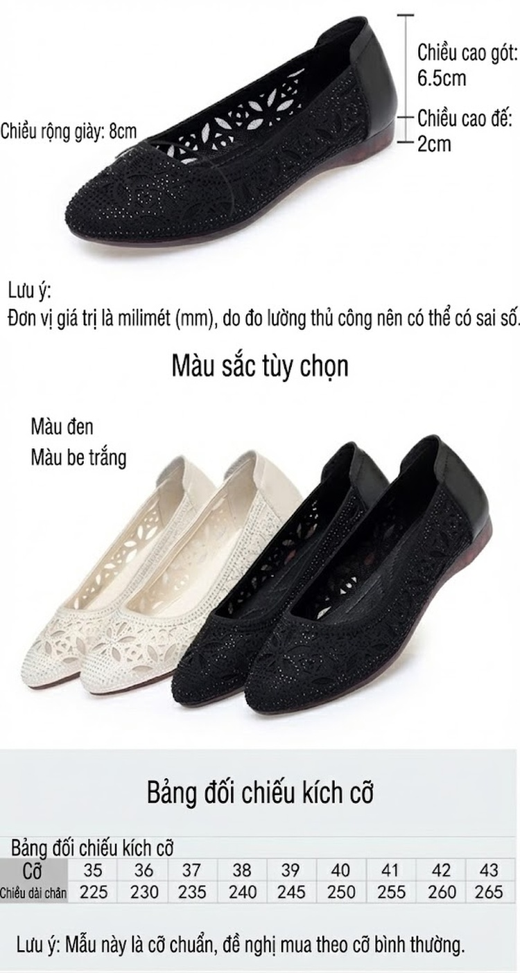 Giày Búp Bê Lưới Lỗ Da Mềm Mỏng Thoáng Khí Mùa Hè Chiều Cao Đế Khoảng 1cm Màu Kem, Đen chi tiết 5