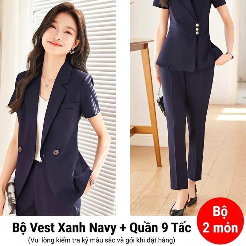 Áo Vest Nữ Tay Ngắn Mỏng Mát Phong Cách Công Sở Màu Kem, Đen, Xám, Xanh Navy...