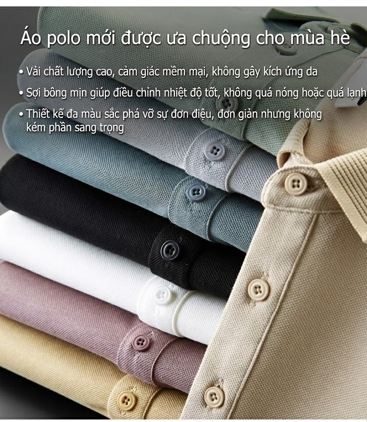 Áo Polo Nam Tơ Tằm Cotton Thoáng Khí Màu Xám, Kem, Xanh Lá, Đen... chi tiết 4