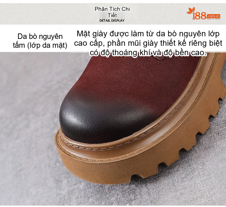 Boot Martin Nữ Da Bò Cổ Cao Đế Dày Phong Cách Retro Chiều Cao Đế Khoảng 5cm Màu Nâu, Đen, Đỏ... chi tiết 6