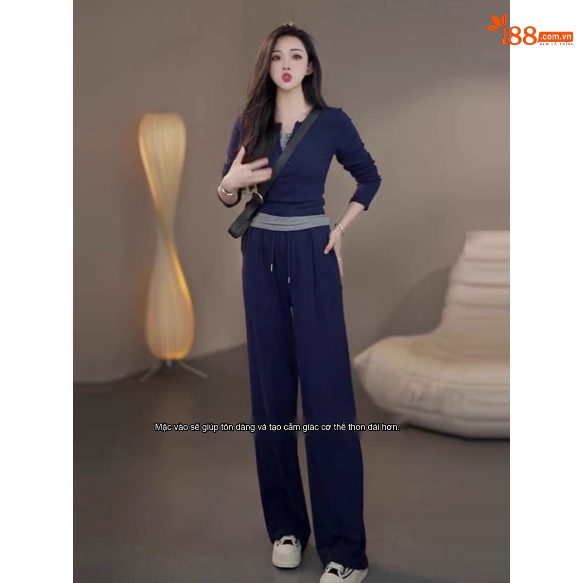 Bộ quần áo nữ thu đông giả hai lớp phong cách thể thao quần ống rộng