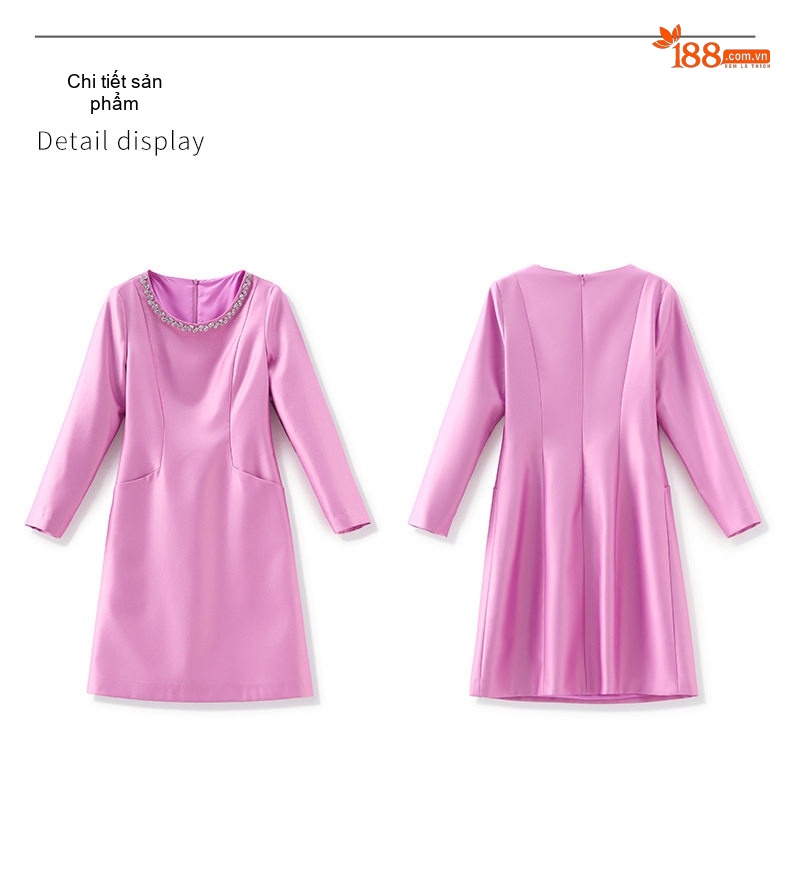 Váy Liền Thân Nữ Tiểu Thư Cổ Điển Chiết Eo Đính Hạt Màu Trắng Kem, Đen, Hồng chi tiết 22