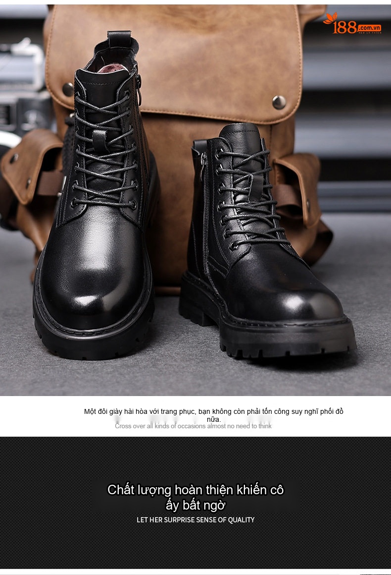 Giày Boot Martin Nam Da Thật Lót Lông Cừu Dày Dặn Chiều Cao Đế Khoảng 4cm Màu Đen chi tiết 17
