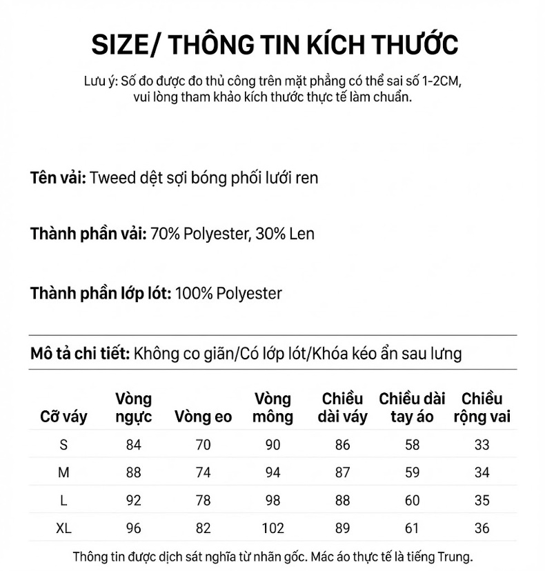Váy Tiểu Thư Nữ Vải Tweed Lưới Thêu Đính Hạt Thủ Công Phong Cách Quý Phái Màu Trắng chi tiết 8