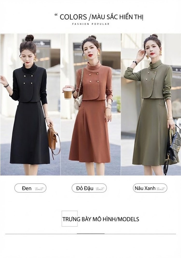 Váy Liền Thân Nữ Thiết Kế Giả Hai Lớp dáng chữ A Sang Trọng Màu Nâu, Đen, Xanh Olive chi tiết 10