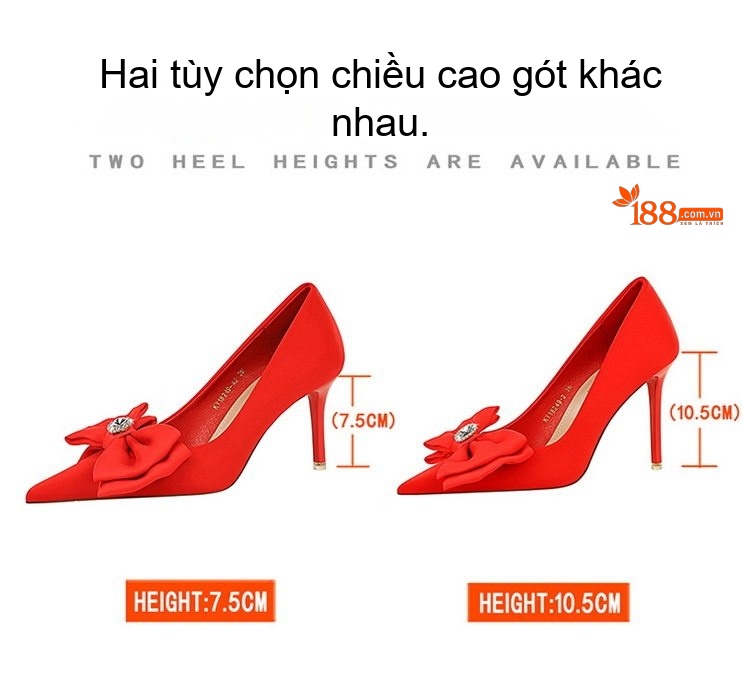 Giày Cao Gót Nữ Gót Nhọn Hở Lưng Đính Nơ Đá Chiều Cao Đế Khoảng 8cm Màu Đen, Đỏ chi tiết 1