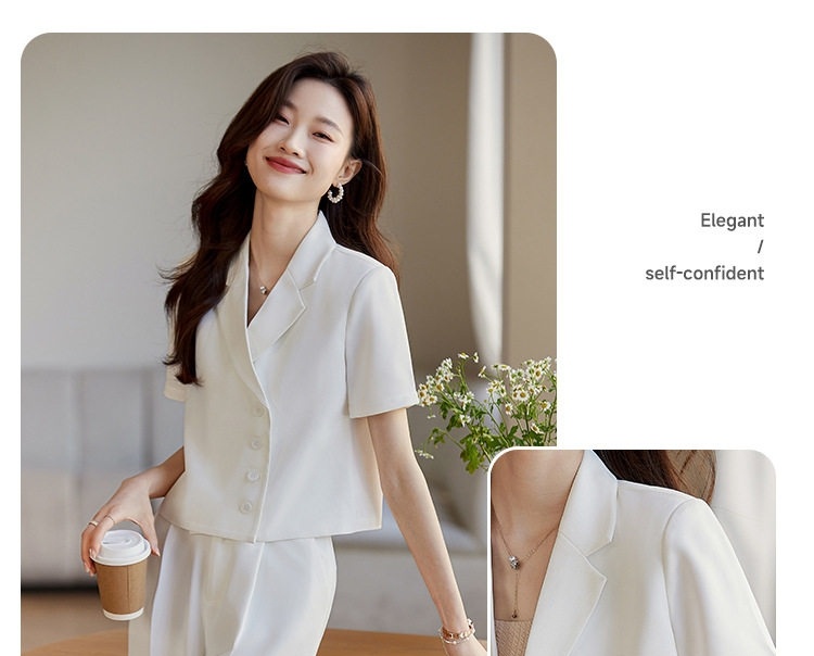 Bộ Vest Nữ Quần Ống Rộng Áo Blazer Ngắn Tay Lửng Phong Cách Công Sở Màu Hồng, Trắng, Đen chi tiết 13