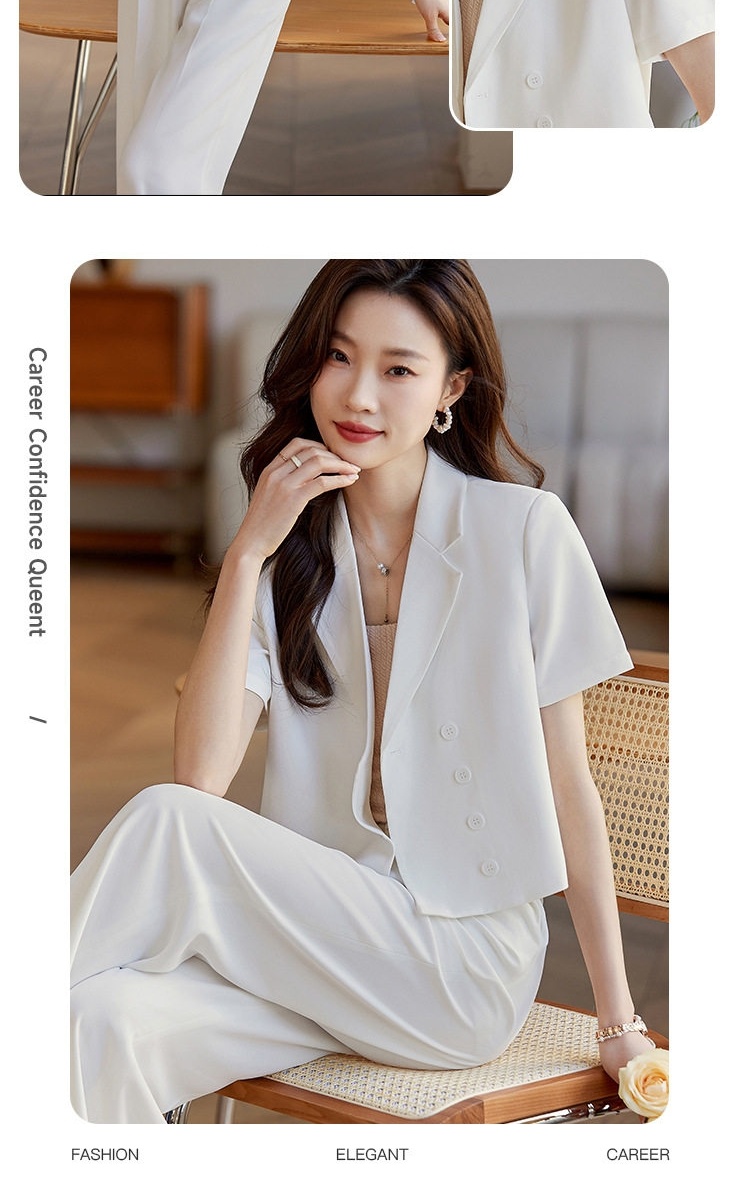 Bộ Vest Nữ Quần Ống Rộng Áo Blazer Ngắn Tay Lửng Phong Cách Công Sở Màu Hồng, Trắng, Đen chi tiết 14
