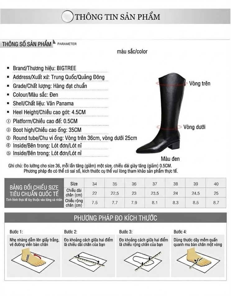 Boots Cao Cổ Nữ Da Bóng Gót Vuông Chiều Cao Đế Khoảng 3cm Phong Cách Âu Mỹ Màu Đen chi tiết 1