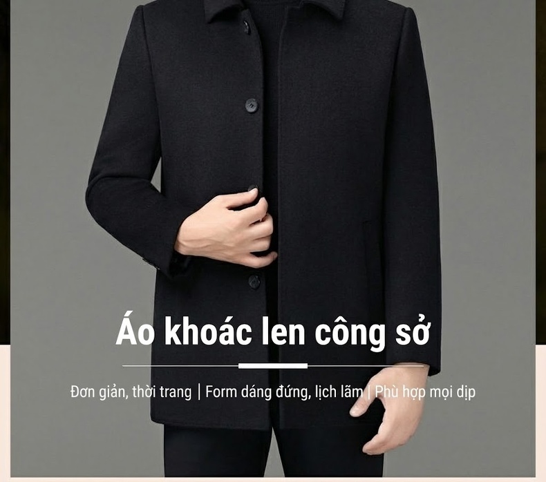 Áo Khoác Dạ Nam Lông Cừu Dáng Dài Trung Niên Lót Lông Vũ Ấm Áp Màu Đen chi tiết 2