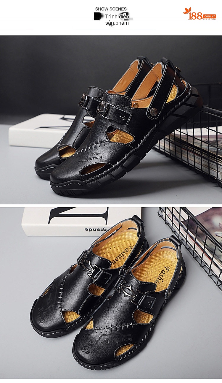 Sandal Nam Da Thật Xỏ Ngón Thoáng Khí Chiều Cao Đế Khoảng 3cm Màu Nâu, Đen chi tiết 11