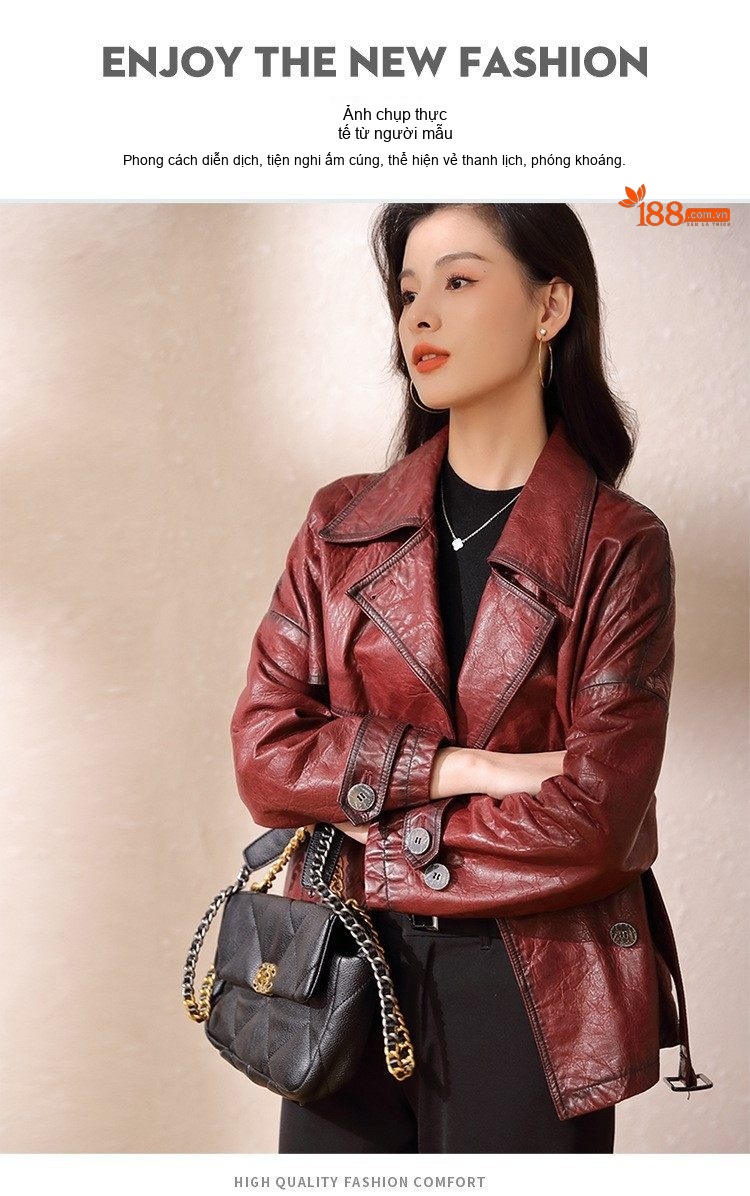 Áo Khoác Da Thật Nữ Dáng Ngắn Cổ chữ Vest Thời Trang Màu Đỏ chi tiết 7