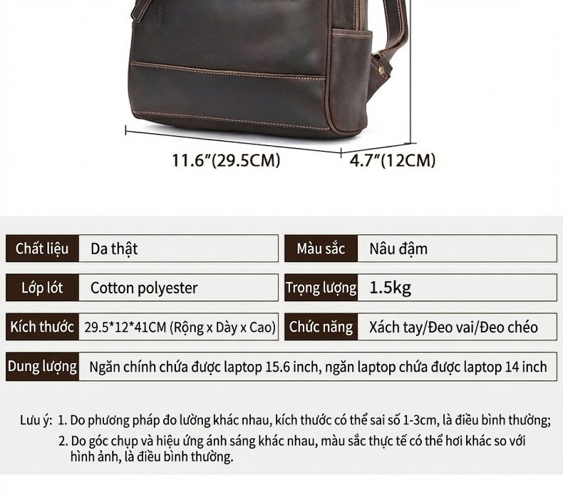 Balo Da Bò Sáp Crazy Horse Đựng Laptop Du Lịch Phong Cách Âu Mỹ Màu Nâu chi tiết 3