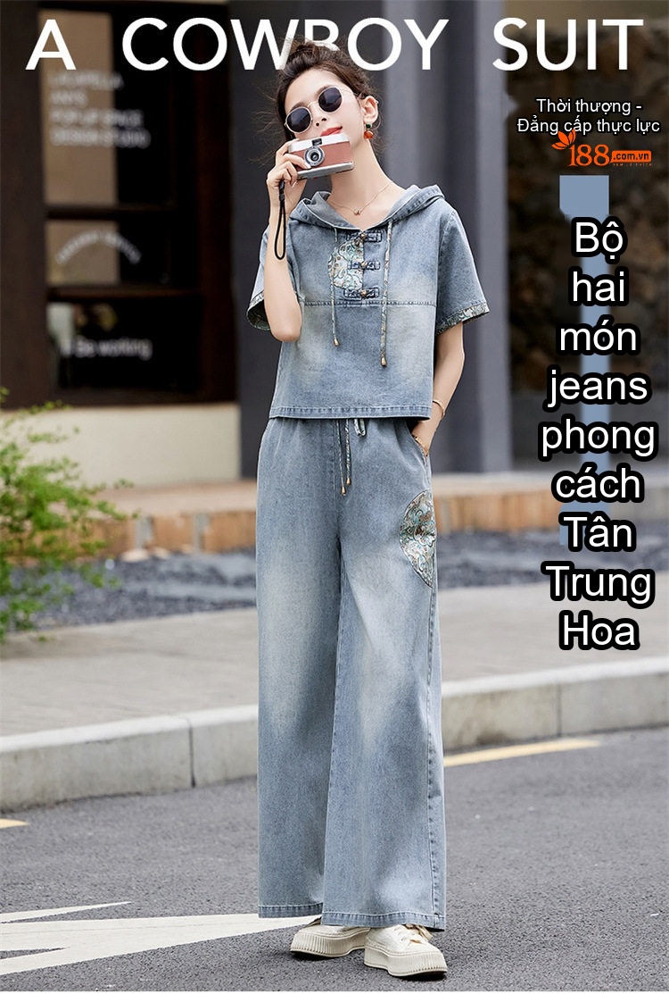 Bộ Quần Áo Nữ Thiết Kế Thêu Hoa Cao Cấp, Áo Hoodie Quần Ống Rộng Phong Cách Trung Hoa Màu Xanh Denim chi tiết 1