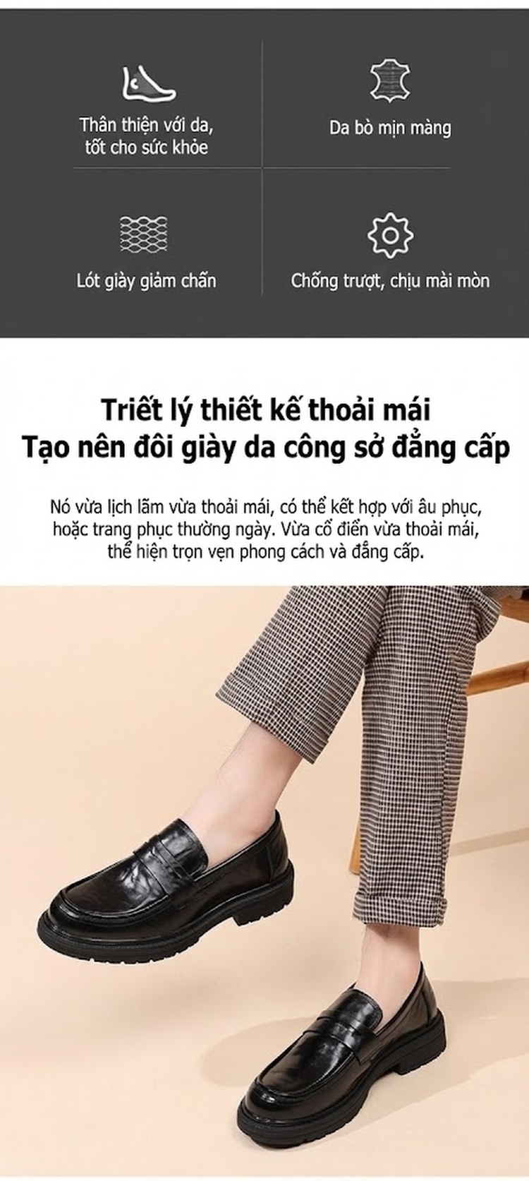 Giày Lười Nam Da Bò Cao Cấp Chiều Cao Đế Khoảng 3.5cm Màu Đen chi tiết 2